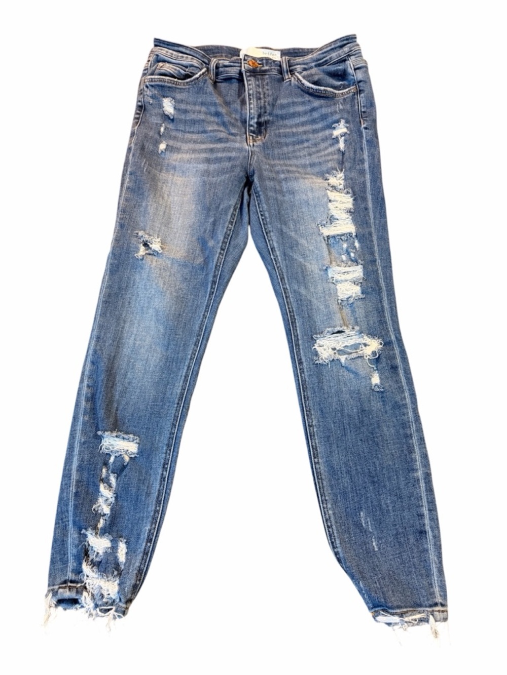 Distressed Mid Rise Ankle Skinny Jeans in Blue Wash